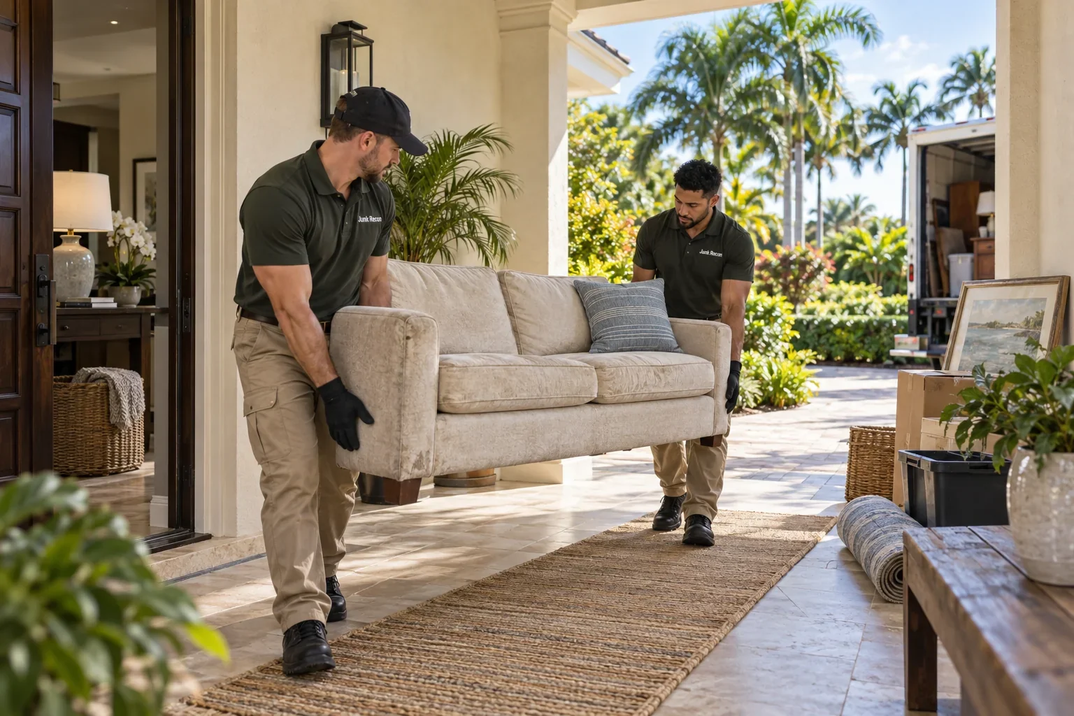 Two crew members removing a sofa from an upscale home, the Treasure Coast and Palm Beach County service illustration