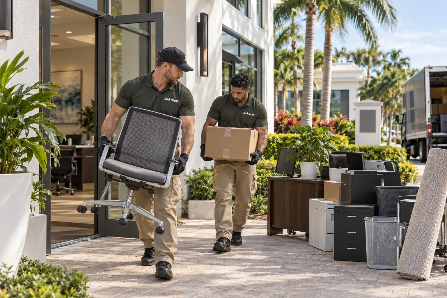 Uniformed crew removing unwanted office furniture and boxes, the Treasure Coast and Palm Beach County service illustration