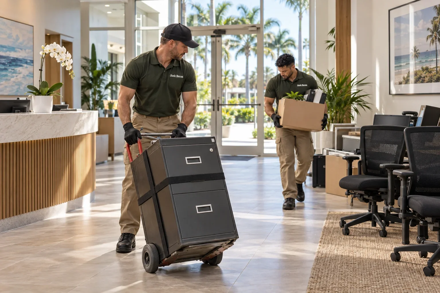 Uniformed crew removing unwanted office furniture and boxes, Boynton Beach service illustration