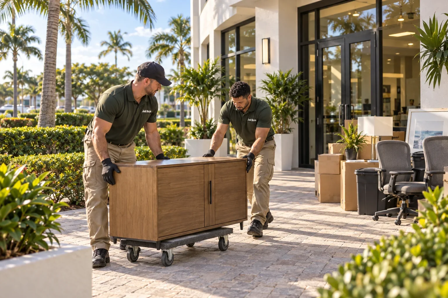 Uniformed crew removing unwanted office furniture and boxes, Hobe Sound service illustration