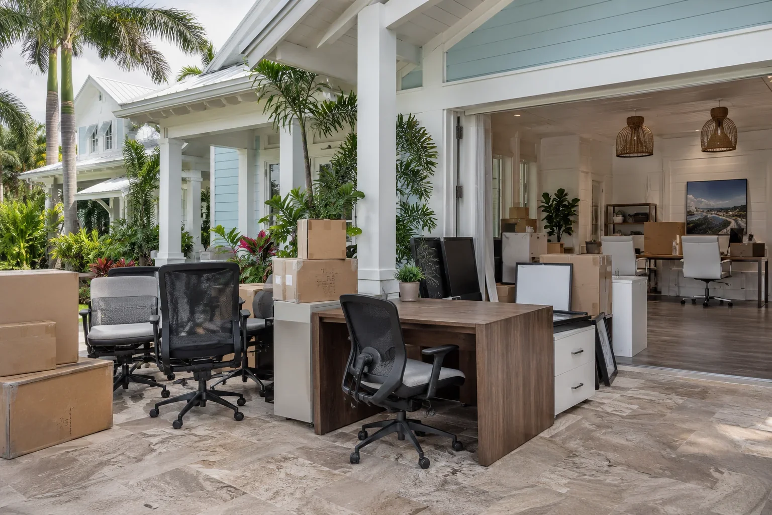 An elegant luxury real-estate office being cleared, unwanted desks, chairs and cardboard boxes waiting for pickup, Jensen Beach service illustration