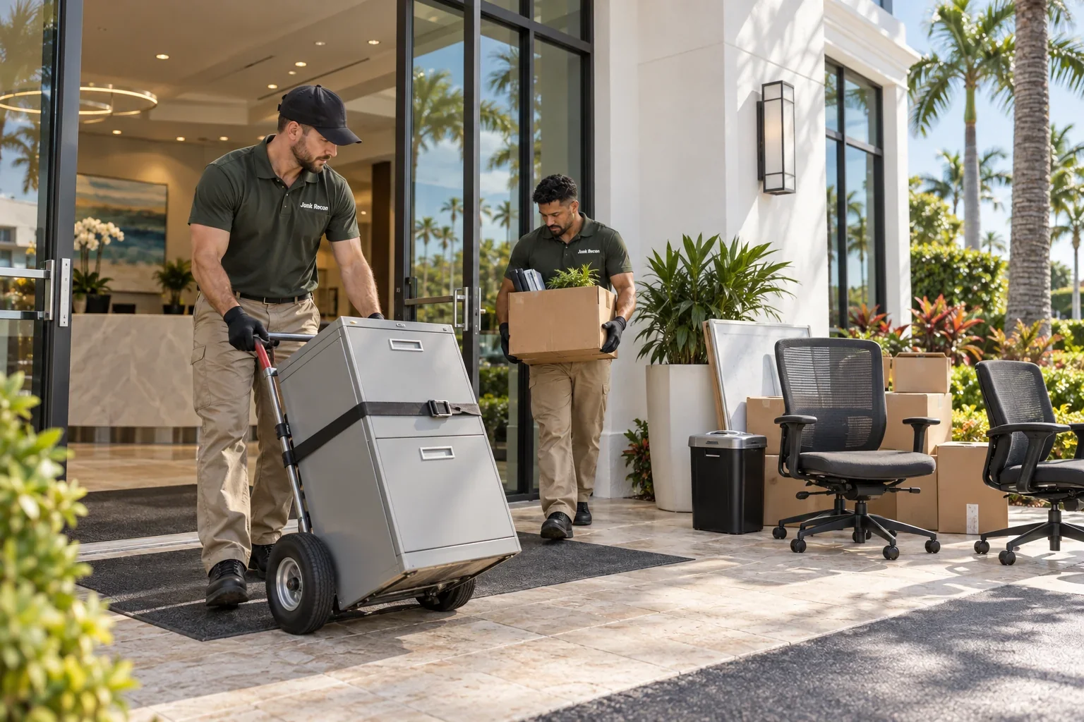 Uniformed crew removing unwanted office furniture and boxes, Jupiter service illustration
