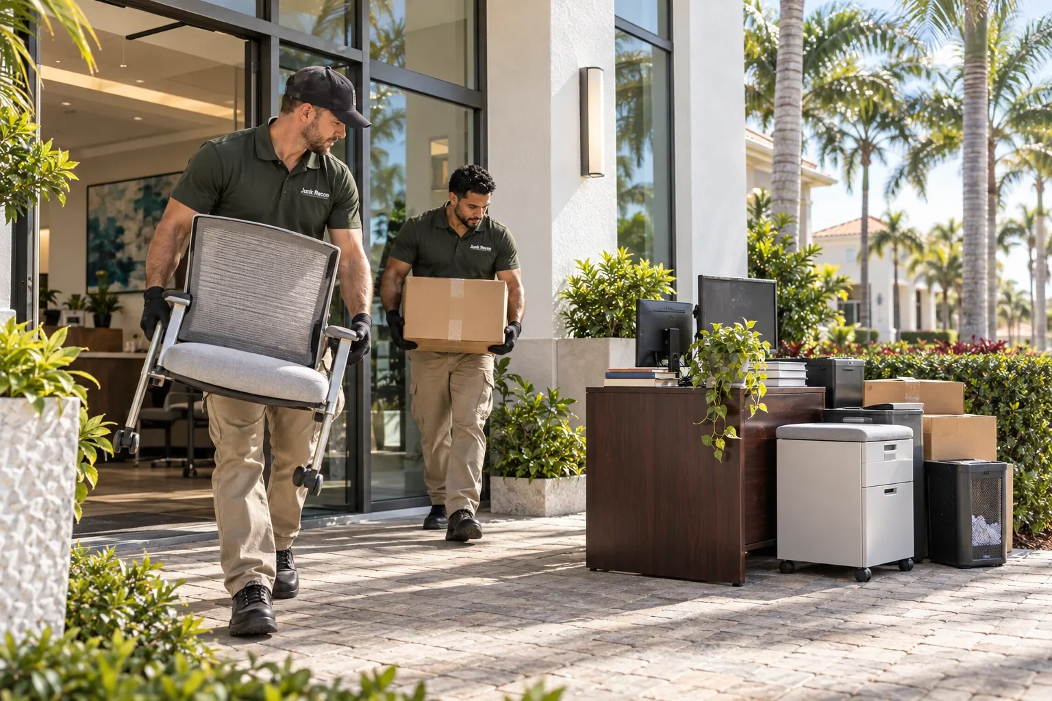 Uniformed crew removing unwanted office furniture and boxes, Lake Worth service illustration
