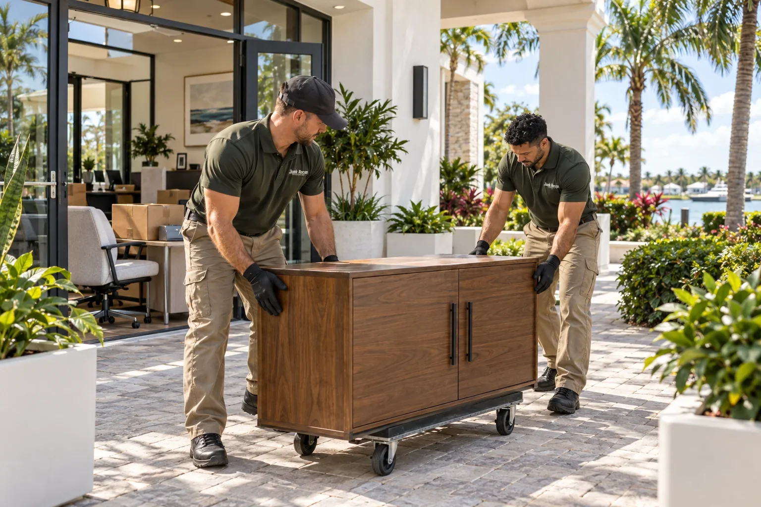 Uniformed crew removing unwanted office furniture and boxes, Palm City service illustration