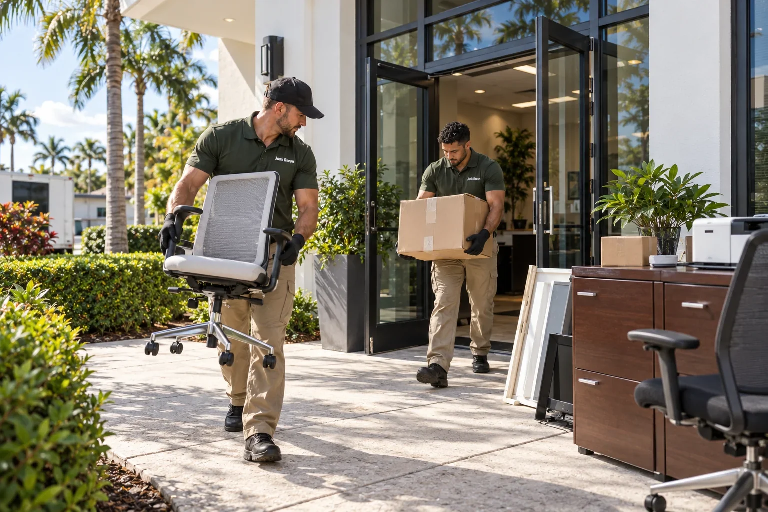 Uniformed crew removing unwanted office furniture and boxes, Port Saint Lucie service illustration