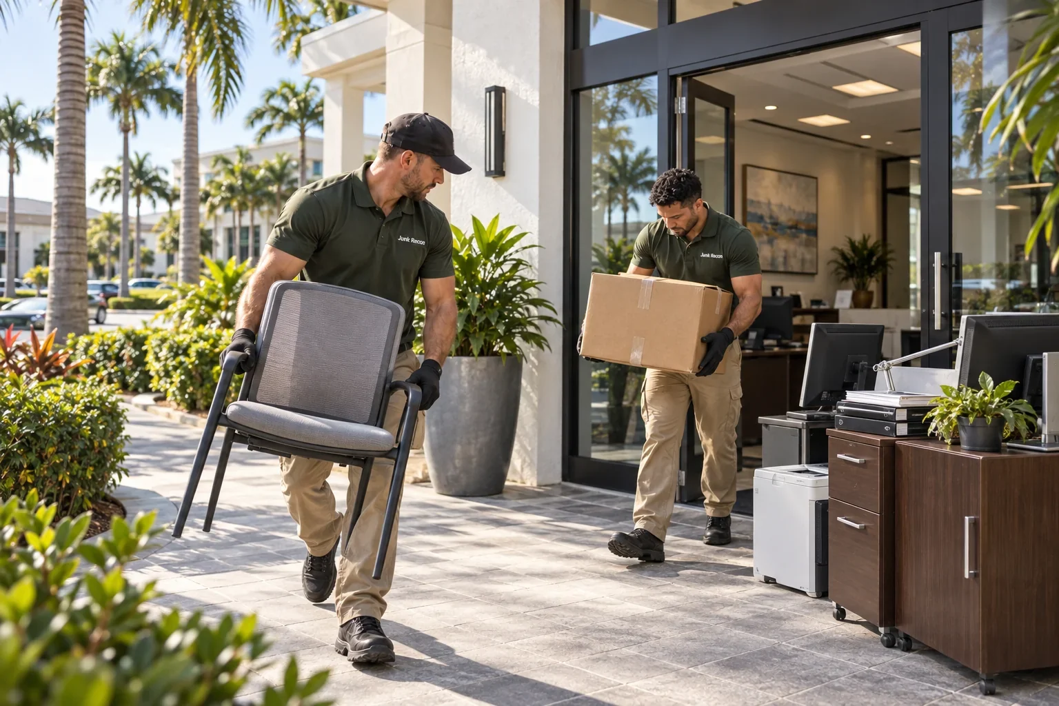 Uniformed crew removing unwanted office furniture and boxes, Royal Palm Beach service illustration