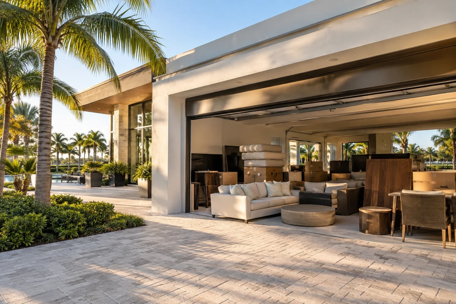 An upscale residential community clubhouse with outdated lounge furniture and stacked boxes ready for removal, Stuart service illustration
