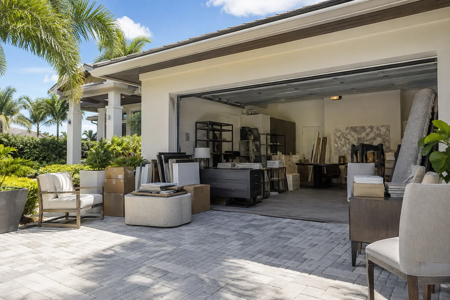 A luxury interior-design office cleanout, old desks, shelving, furniture samples and packing cartons, Tequesta service illustration
