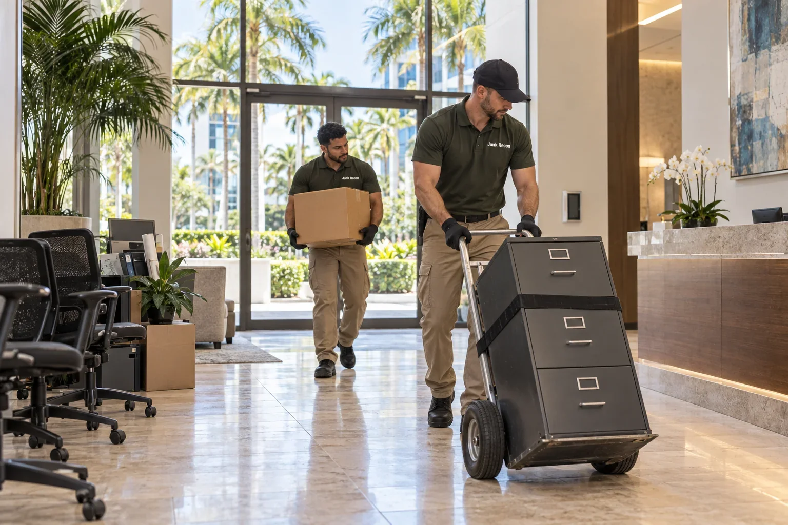 Uniformed crew removing unwanted office furniture and boxes, West Palm Beach service illustration