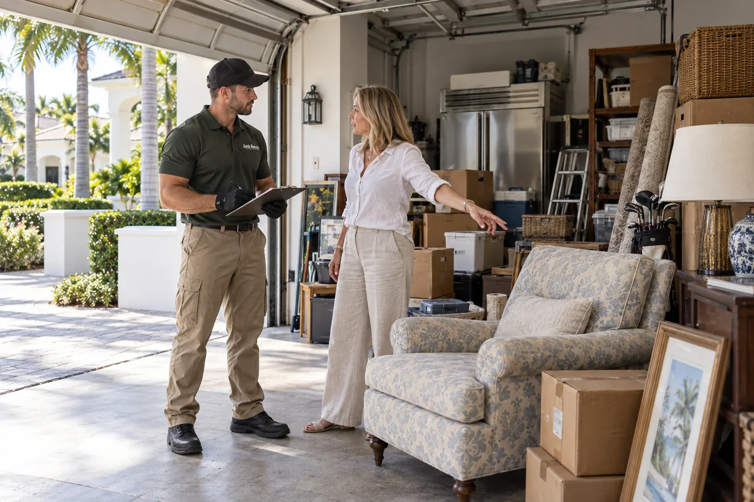 Crew member discussing a garage cleanout with a homeowner, the Treasure Coast and Palm Beach County service illustration