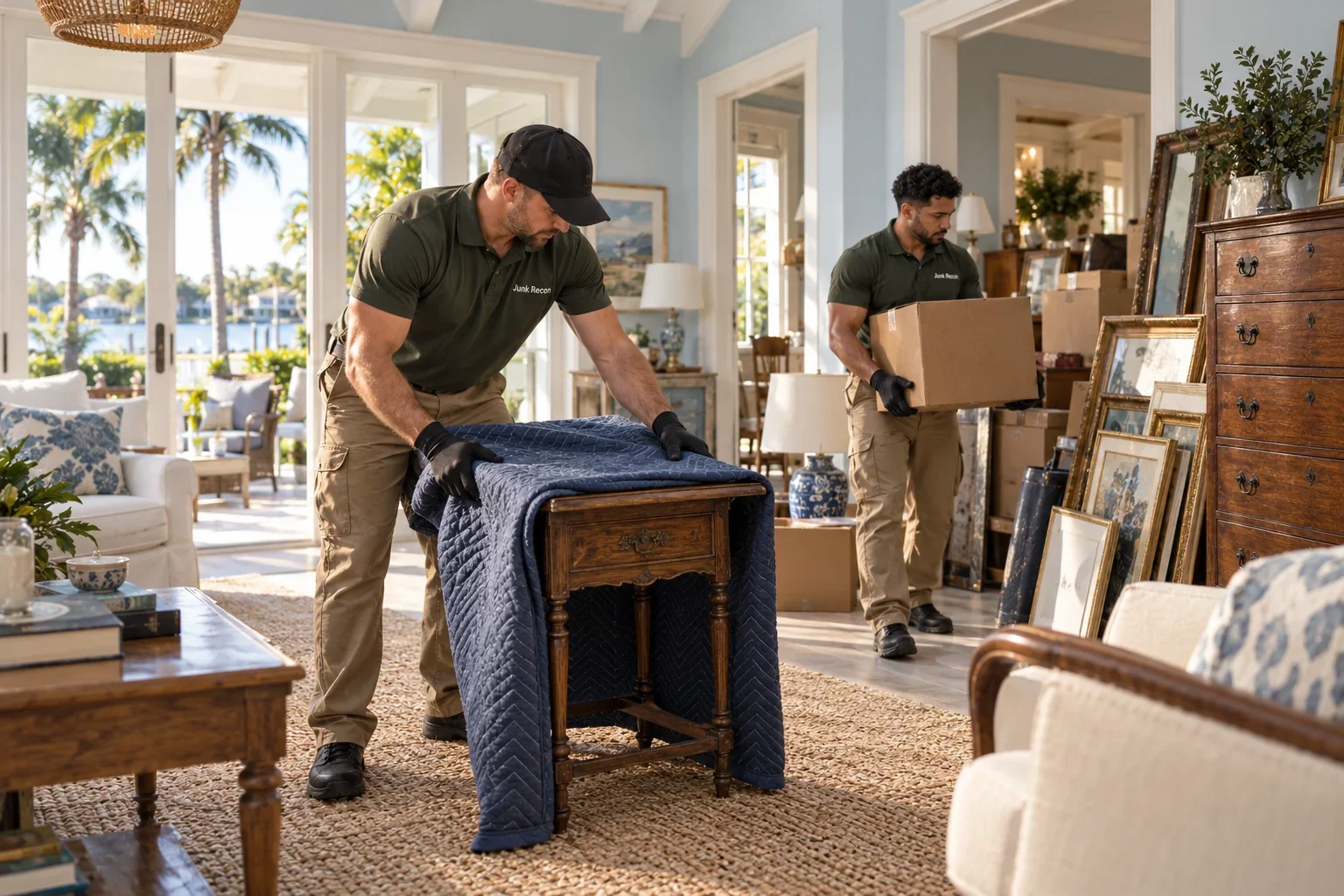 Crew carefully sorting furniture and boxes during an estate cleanout, the Treasure Coast and Palm Beach County service illustration