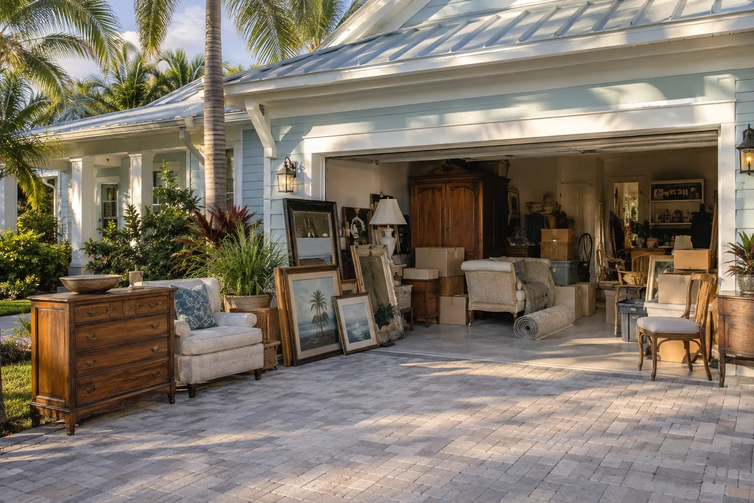 Estate cleanout in an elegant Florida home, older wooden dressers and upholstered furniture, many cardboard boxes of personal belongings and framed art safely leaning against a wall, sentimental but visually tidy, no readable labels, Port Saint Lucie service illustration