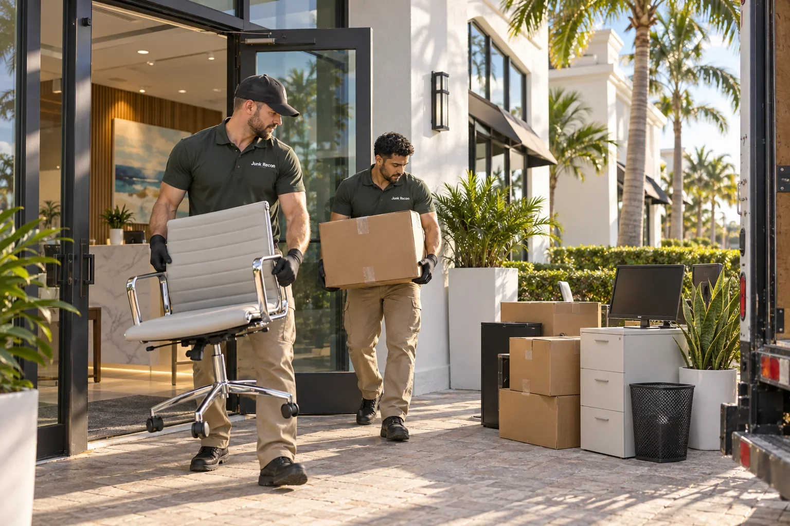 Uniformed crew removing unwanted office furniture and boxes, the Treasure Coast and Palm Beach County service illustration