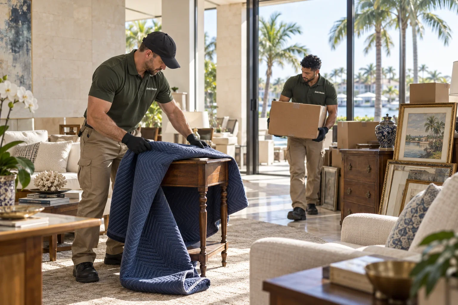 Crew carefully sorting furniture and boxes during an estate cleanout, the Treasure Coast and Palm Beach County service illustration