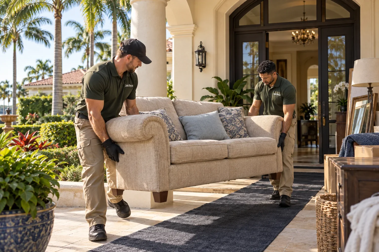 Two crew members removing a sofa from an upscale home, the Treasure Coast and Palm Beach County service illustration
