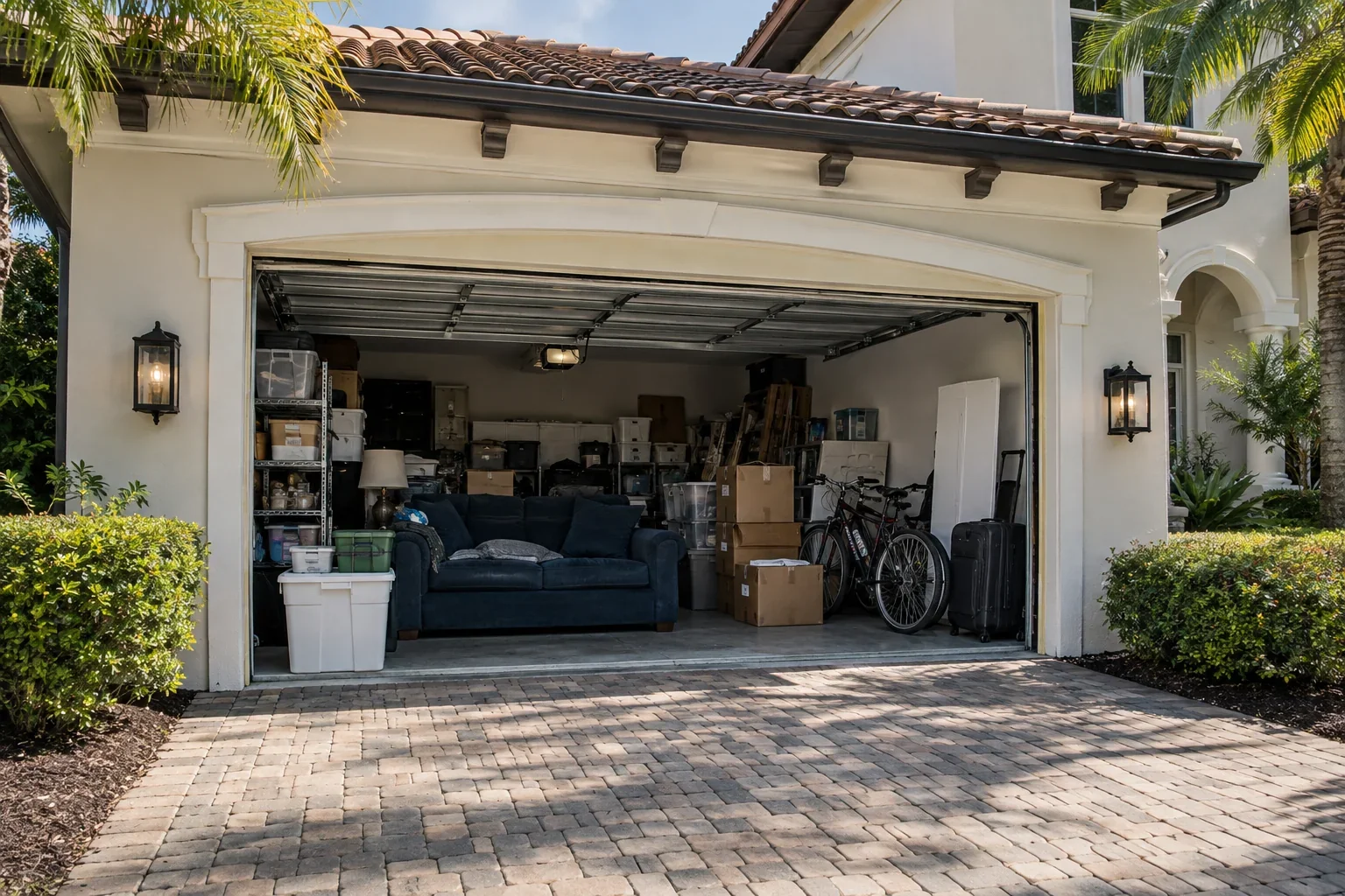 An elegant stucco home garage crammed with an old navy fabric couch, white storage bins, unused bicycles and mismatched moving boxes; view from paver driveway, home looks pristine, no people, service illustration
