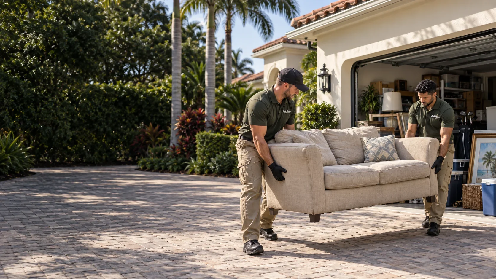 Two uniformed crew members carrying a loveseat out of a cluttered garage, the Treasure Coast and Palm Beach County service illustration