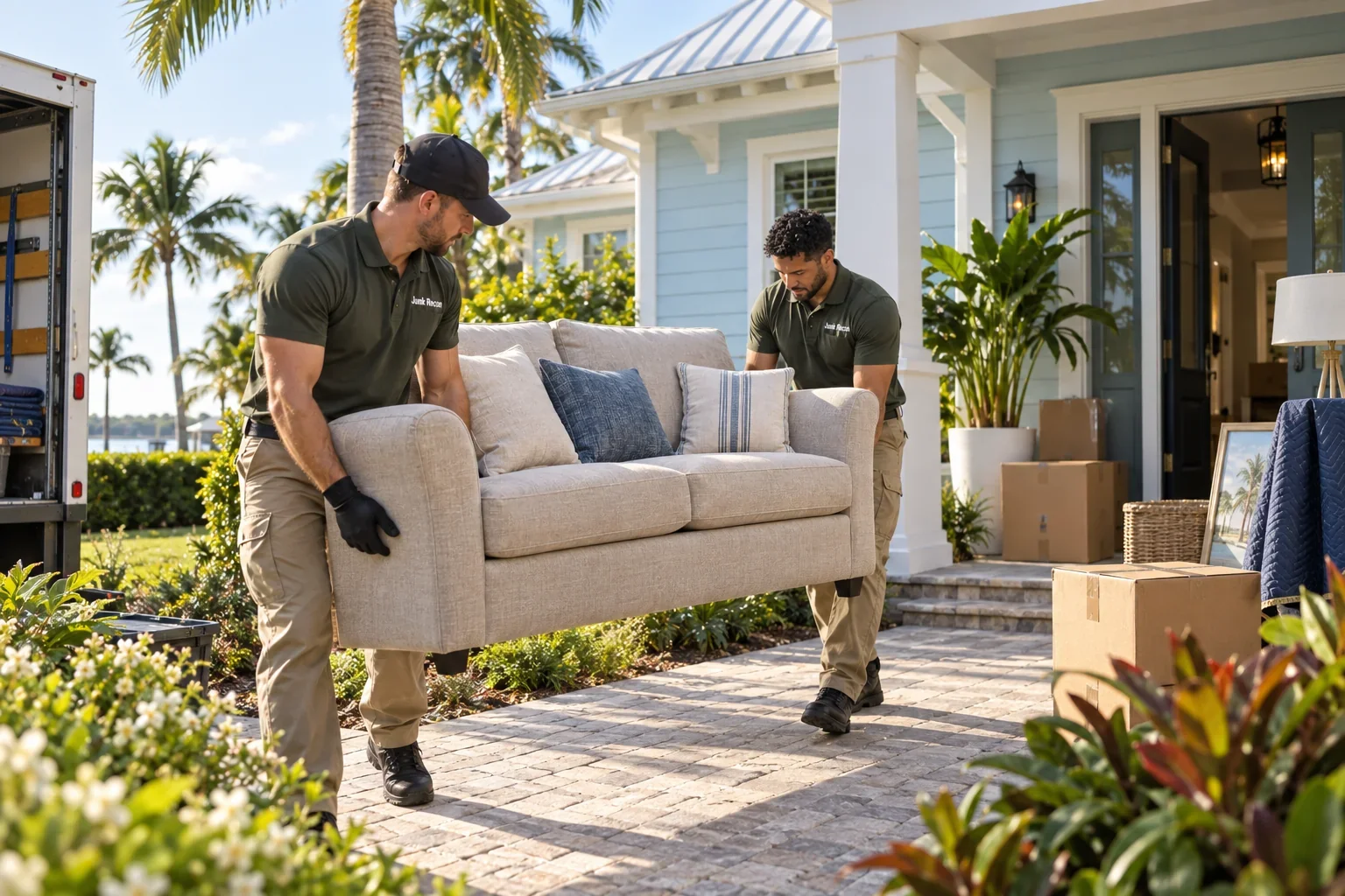Two crew members carefully carrying furniture during a move, the Treasure Coast and Palm Beach County service illustration