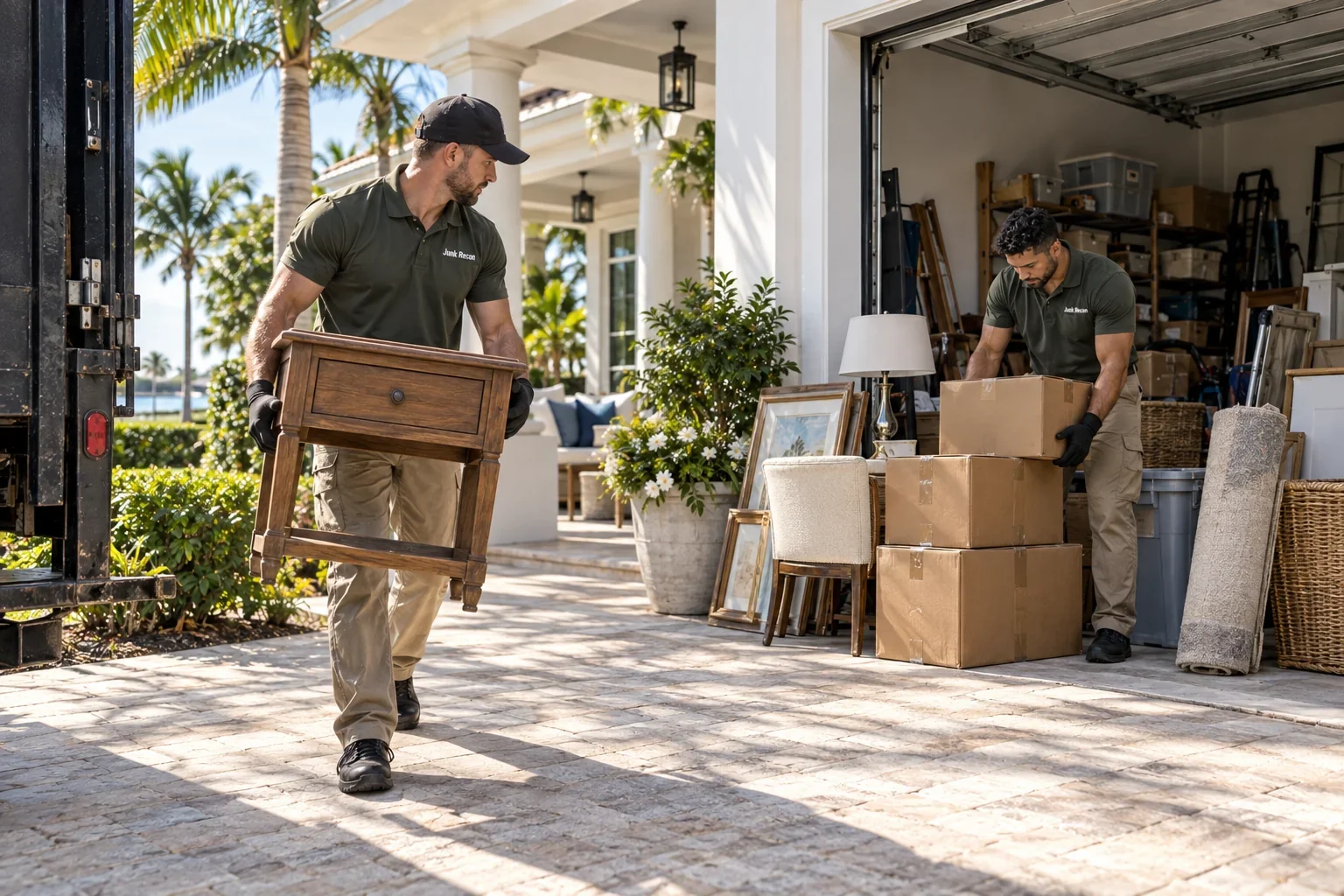 Crew sorting boxes and removing an unwanted side table, the Treasure Coast and Palm Beach County service illustration