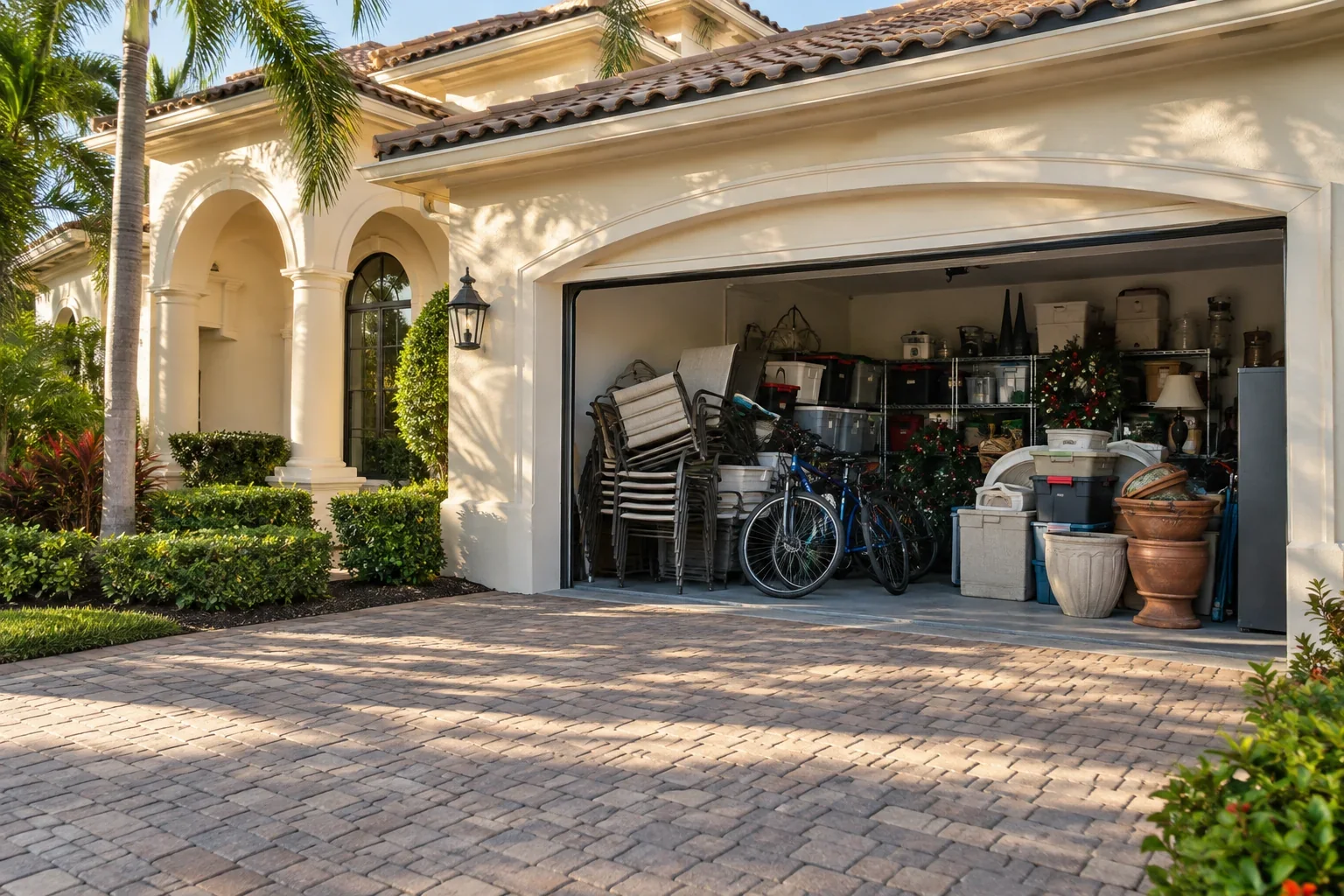 Deep garage packed with old patio chairs, two unused bicycles, holiday decoration tubs and empty plant pots, Boynton Beach service illustration