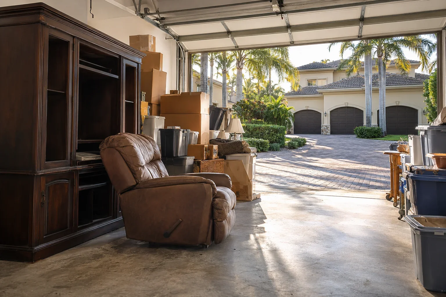 Garage with a bulky entertainment cabinet, an old recliner, open plastic bins and neatly stacked but excessive cartons, Hobe Sound service illustration