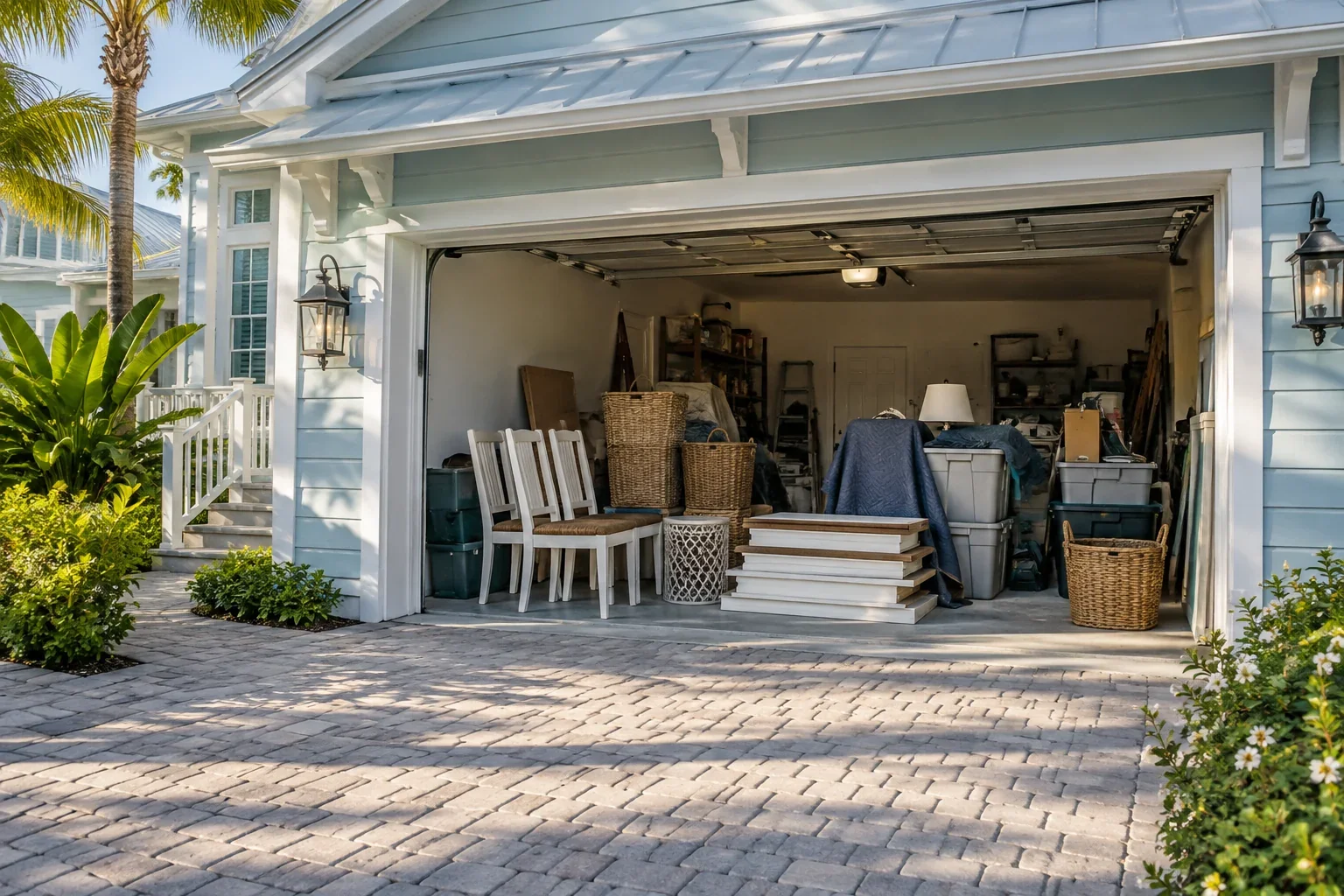 Garage with unwanted dining chairs, stacked flat shelves, wicker baskets, moving blankets and bulging storage bins, Jensen Beach service illustration