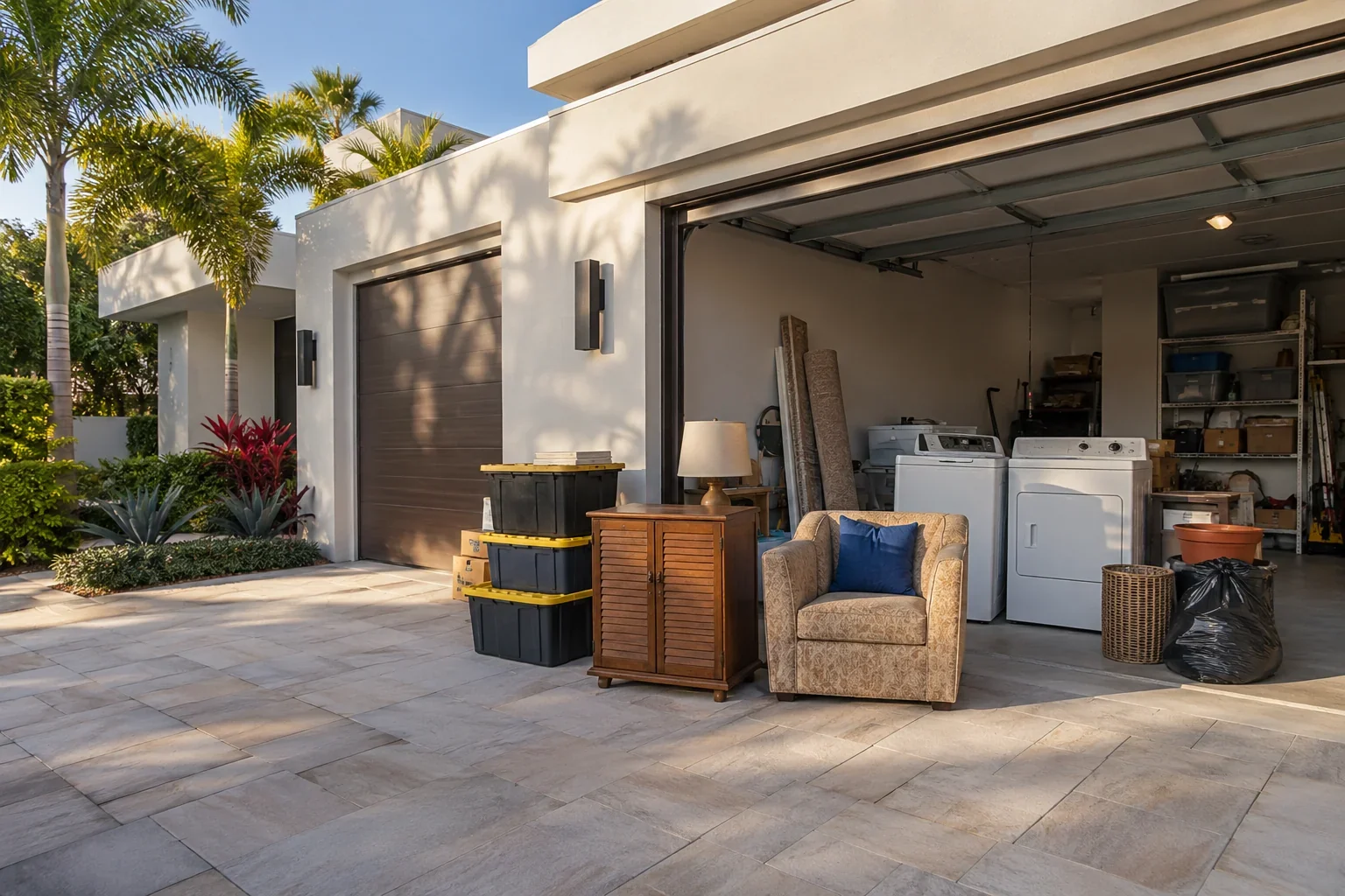 Open garage with a pair of old laundry appliances waiting for removal, storage totes, a wooden cabinet and a worn armchair, Jupiter service illustration