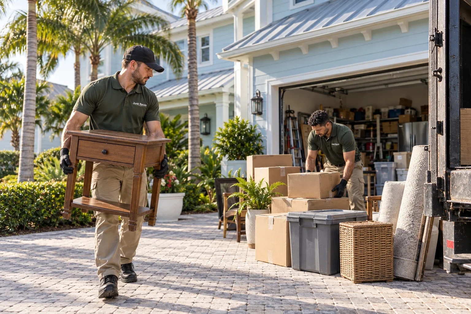 Crew sorting boxes and removing an unwanted side table, Palm Beach Gardens service illustration