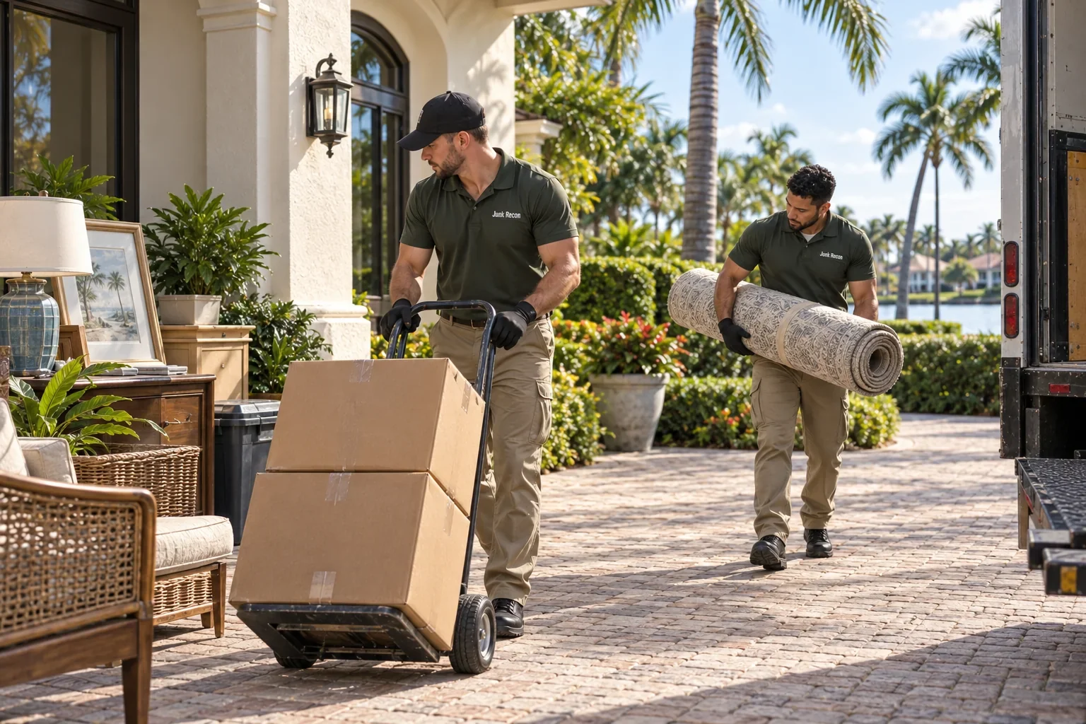 Crew removing boxes and a rolled rug from a home, Palm City service illustration