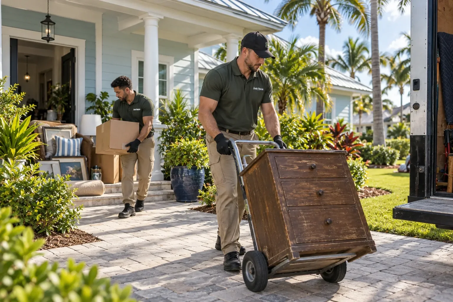 Crew moving an old wooden chest on a dolly, Port Saint Lucie service illustration
