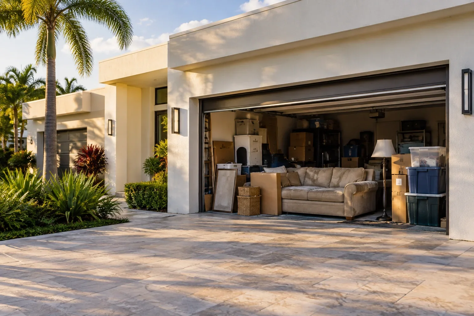 Garage filled with a worn beige sectional, mismatched cardboard moving boxes, an old floor lamp and plastic storage tubs, no room to park, Royal Palm Beach service illustration