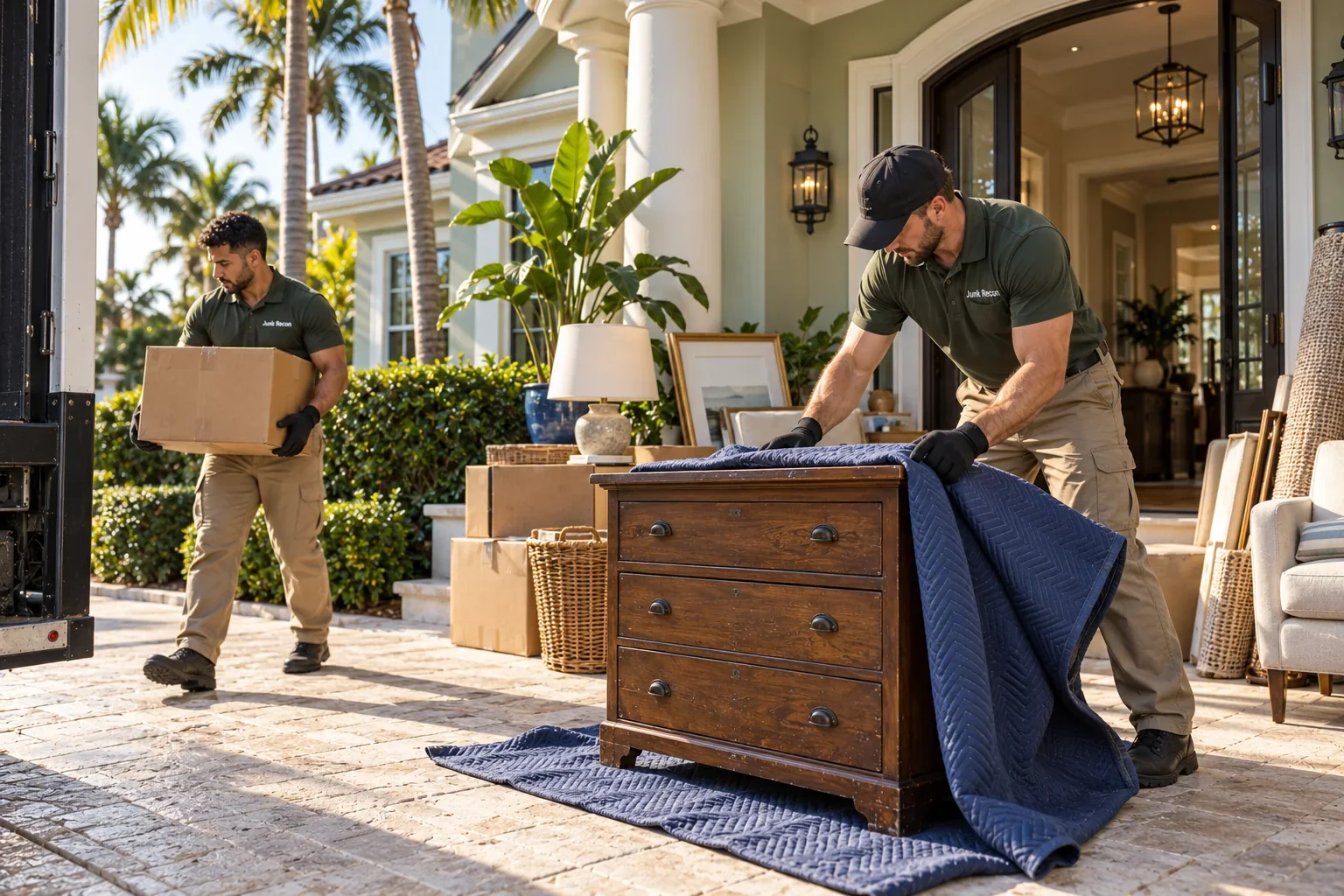 Crew protecting furniture and carrying boxes during removal, West Palm Beach service illustration