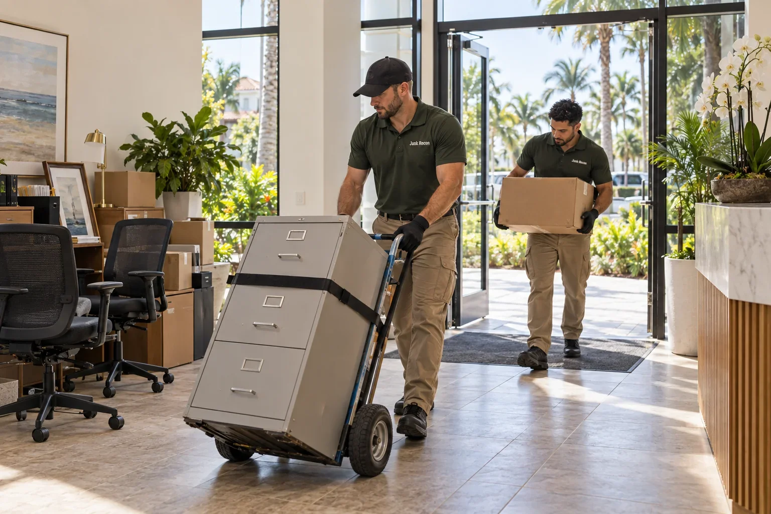 Uniformed crew removing unwanted office furniture and boxes, the Treasure Coast and Palm Beach County service illustration