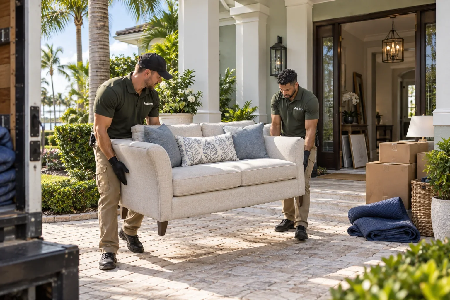Two crew members carefully carrying furniture during a move, the Treasure Coast and Palm Beach County service illustration