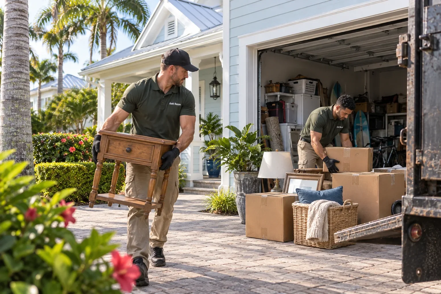 Crew sorting boxes and removing an unwanted side table, the Treasure Coast and Palm Beach County service illustration