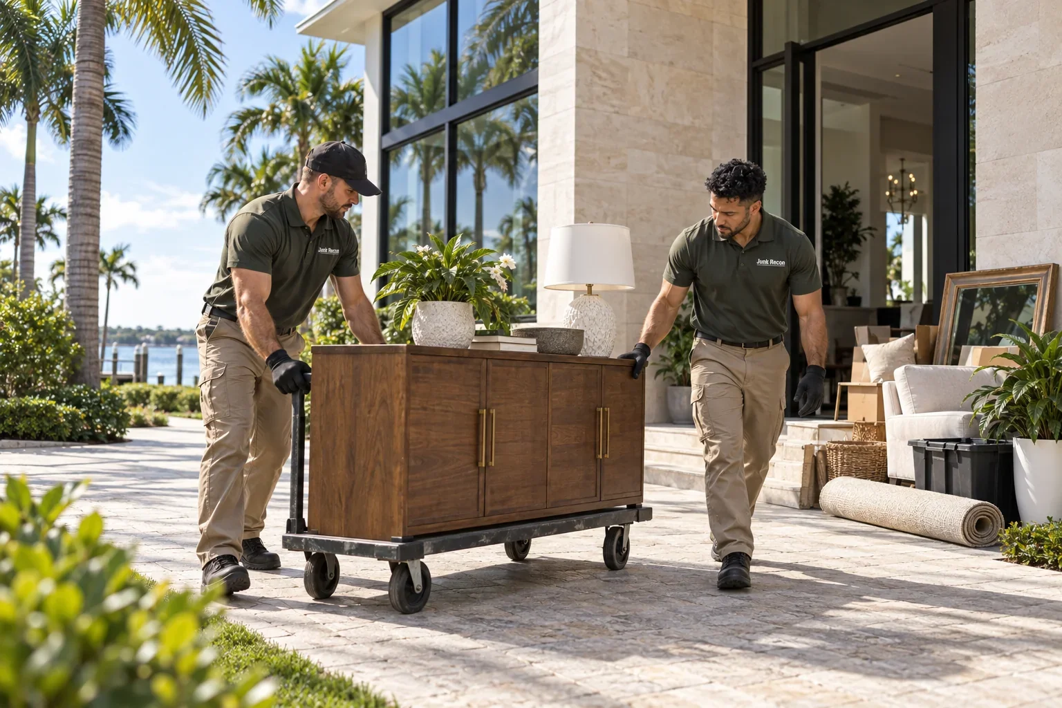 Crew using a furniture dolly to remove a sideboard, the Treasure Coast and Palm Beach County service illustration